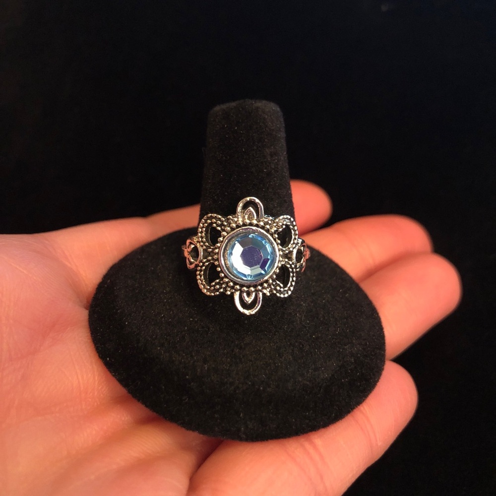Silver Tone Ring with Blue Faux Gemstone Fashion Jewelry
